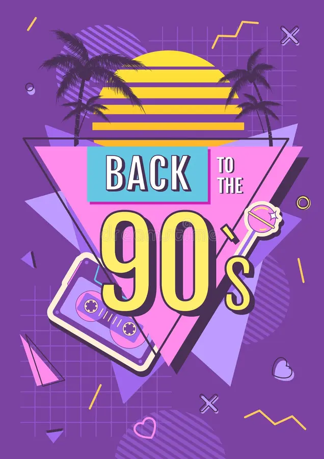 Back to the 90s poster: a sunset, palm trees, a cassette tape and a lollipop in pink, purple and yellow